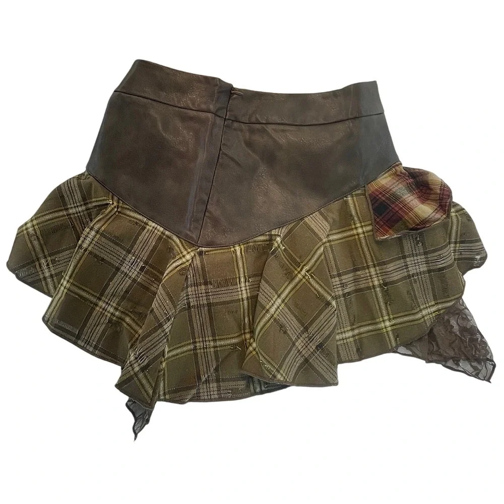 Plaid Tiered Ruffle Skirt Brown Lace Faux Leather Trim Mini Punk Grunge Med 3Set - Picture 7 of 8